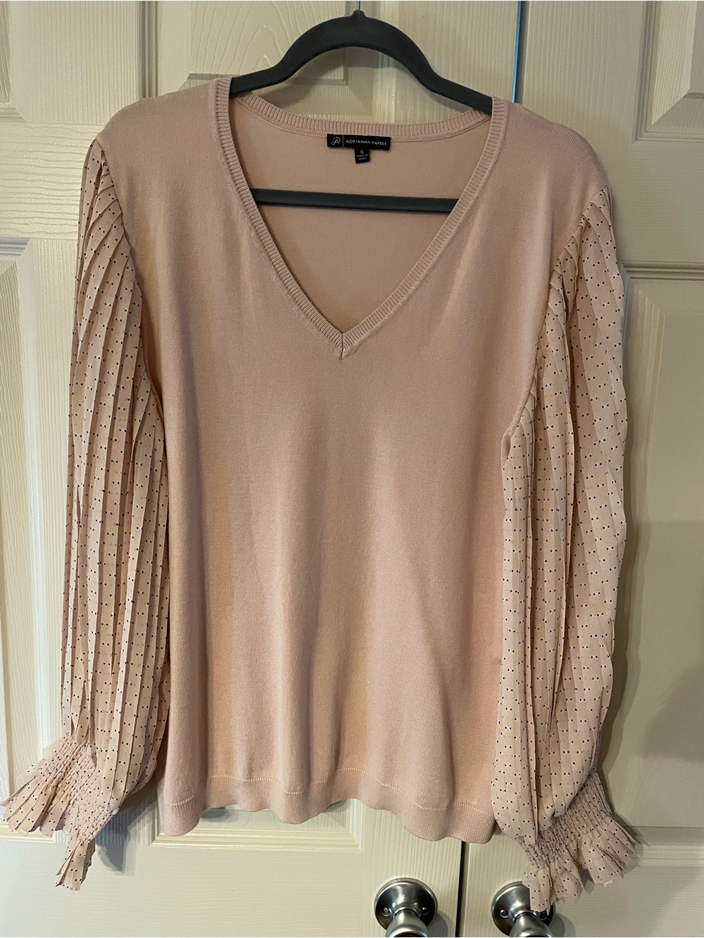 Adrianna Papell, Sweater, Pink, Stretch, Long Balloon Sleeves, Polka Dots, XL